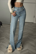 Asymmetric Elastic Waist Split Hem Denim Jeans image 2