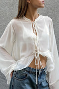 Drawstring Mock Neck Chiffon Blouse image 1