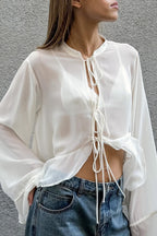 Drawstring Mock Neck Chiffon Blouse image 1
