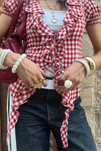 Plaid Ruffle Waist Puff Sleeve Blouse image 2