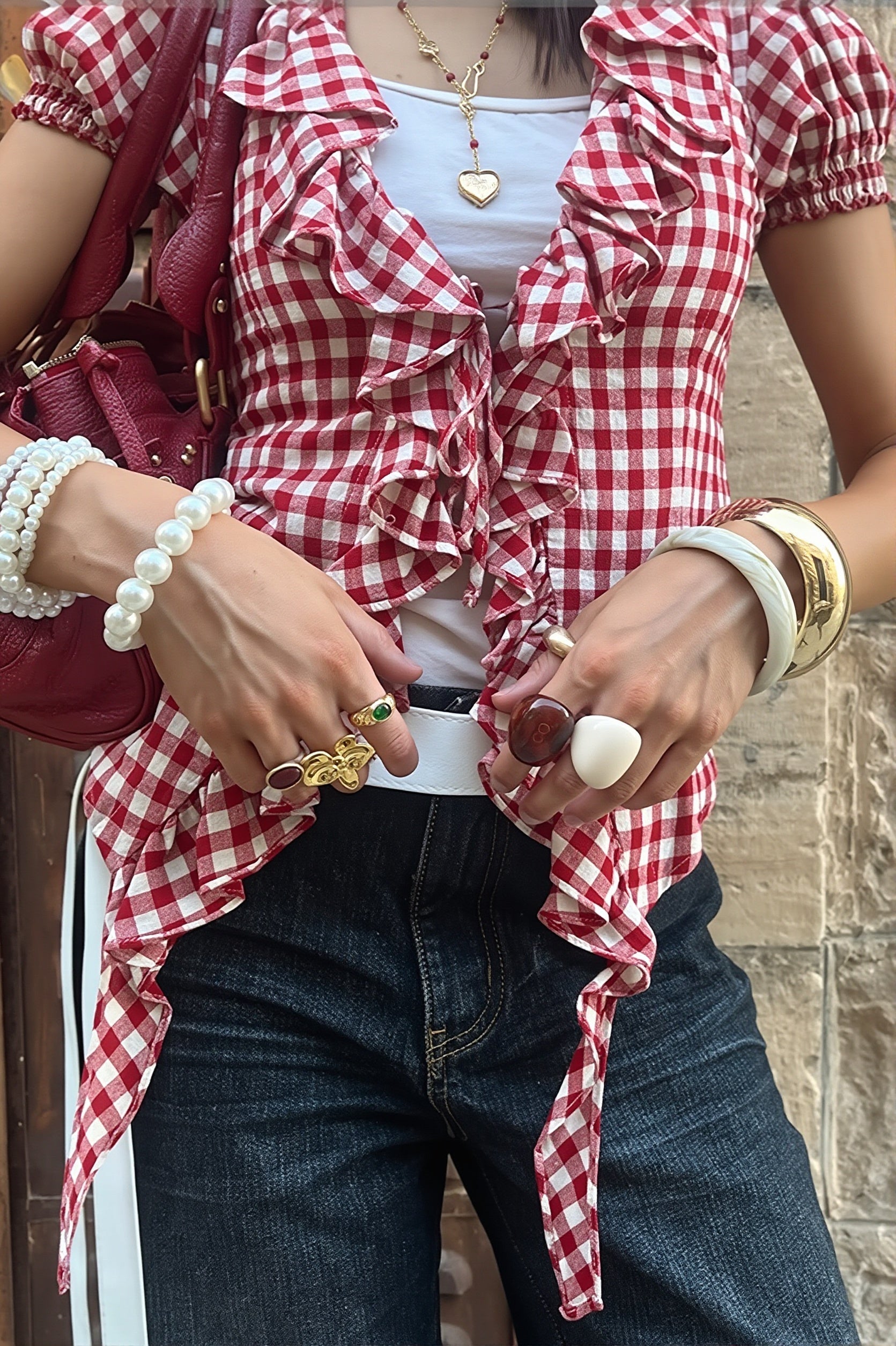 Plaid Ruffle Waist Puff Sleeve Blouse image 2
