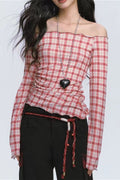 Off Shoulder Red Checkered Long Sleeve Blouse image 1