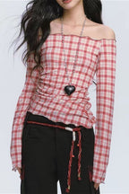 Off Shoulder Red Checkered Long Sleeve Blouse image 1