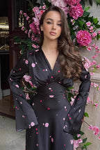 Satin Floral V Neck Flared Hem Maxi Dress image 4