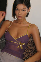 Sexy Solid Slim Stylish Sheer Bow Purple Cami Top image 3