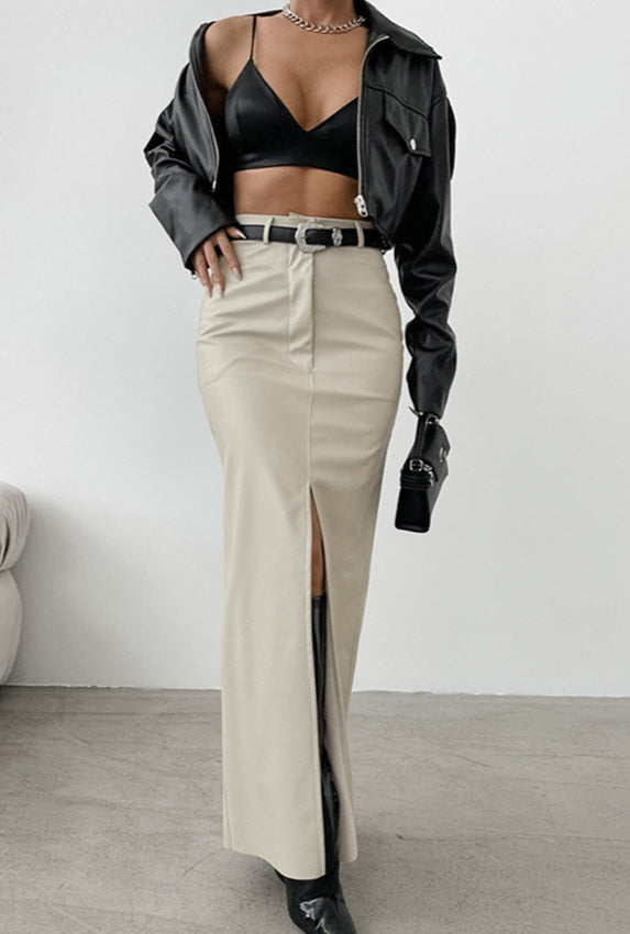 Khaki PU Leather High Waist Split Midi Skirt image 1