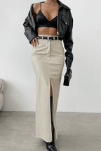 Khaki PU Leather High Waist Split Midi Skirt image 1