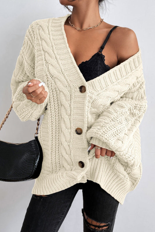 V-Neck Vintage Cable Knit Balloon Sleeve Cardigan image 5