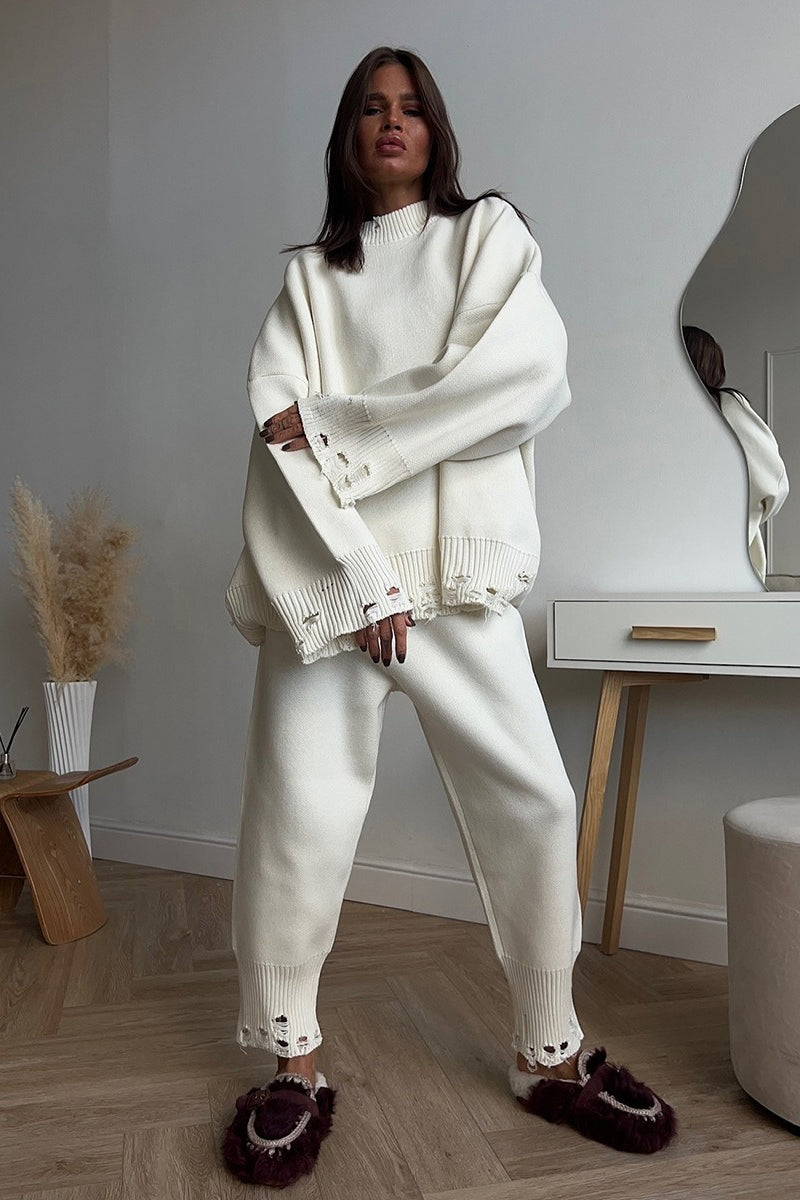 Solid Distressed Knit Crew Neck Sweater Two Piece Set image 6