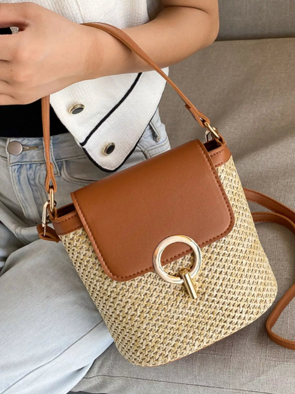 Naomi Straw Crossbody detail view styled for Avrienne