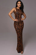 Leopard Print Ruched Round Neck Maxi Dress image 1