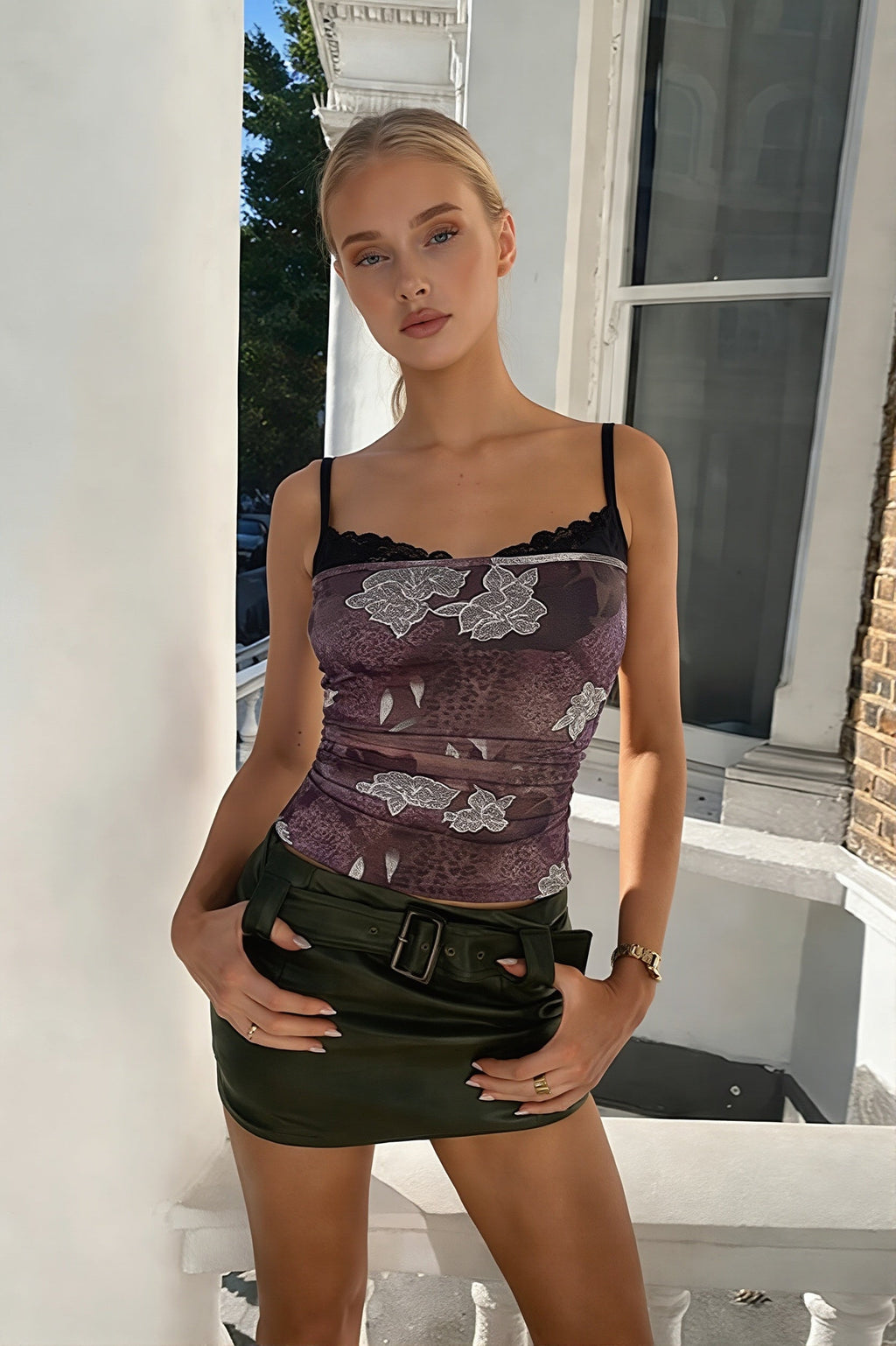 Chic Lace Trim Print Panel Everyday Cami Top image 3
