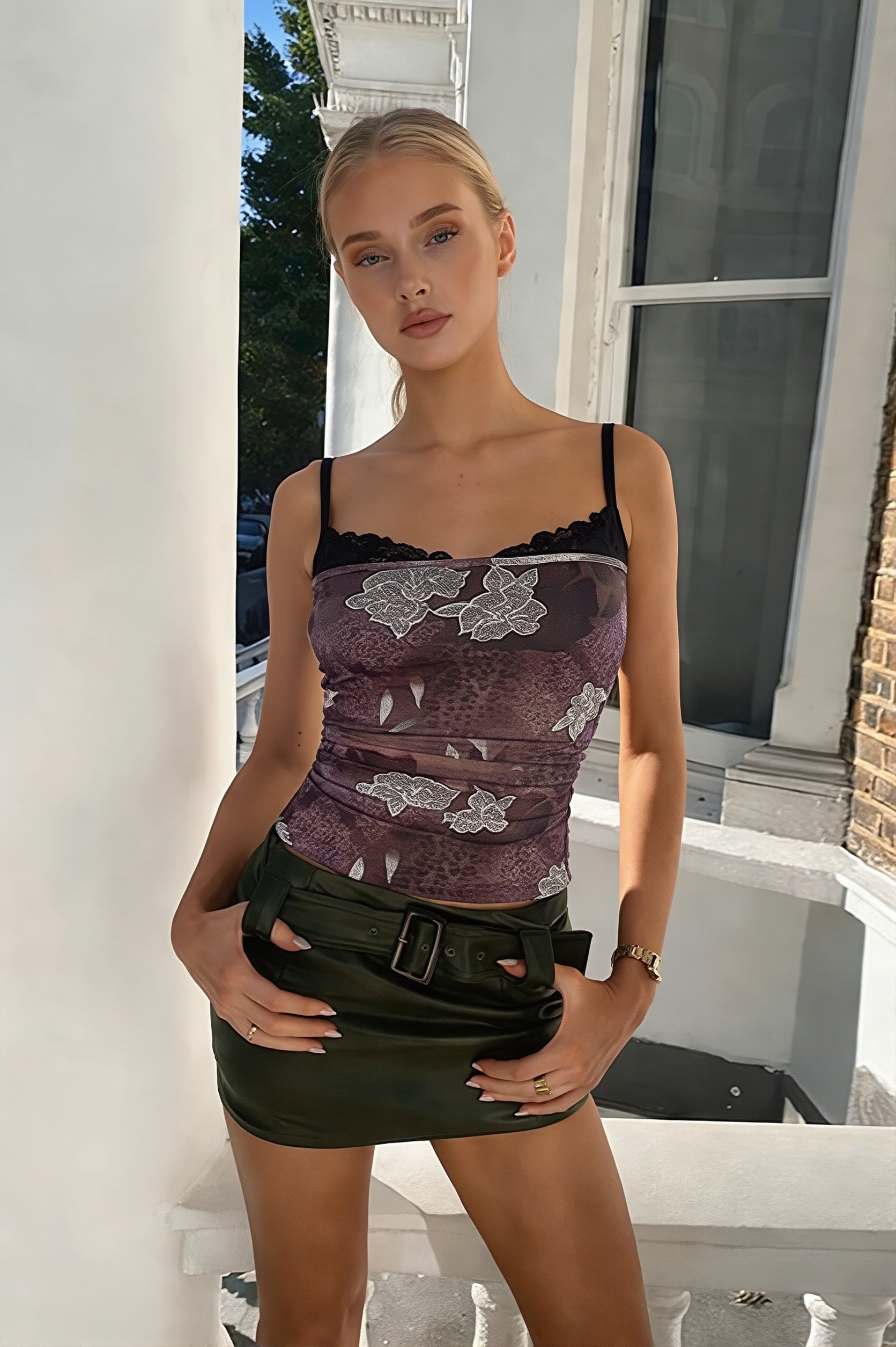 Chic Lace Trim Print Panel Everyday Cami Top image 3