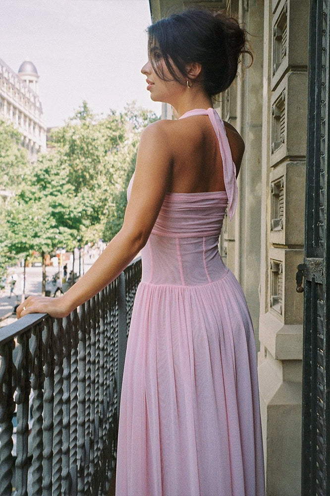 Solid Halter V Neck Boning Waist Mesh Maxi Dress image 5