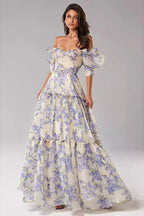 Floral Print Off Shoulder Puff Sleeve Organza Maxi Dress image 4