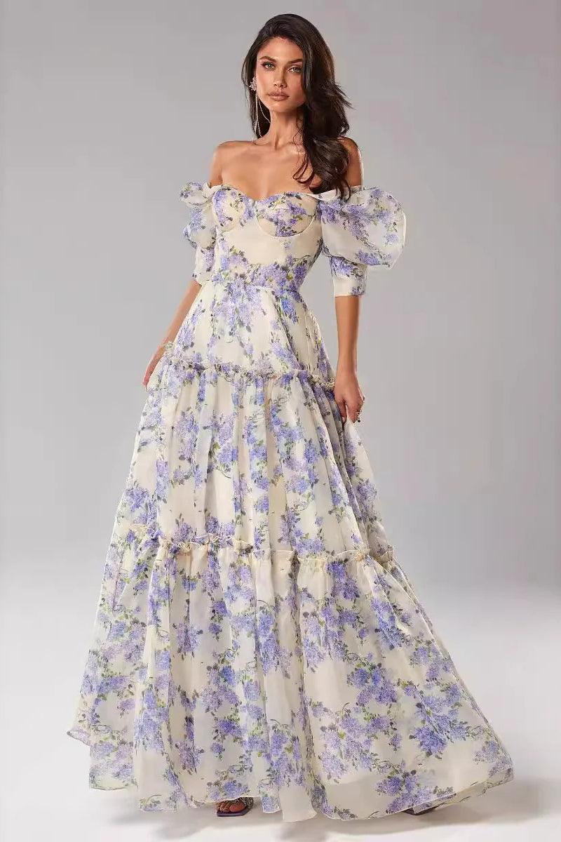 Floral Print Off Shoulder Puff Sleeve Organza Maxi Dress image 4