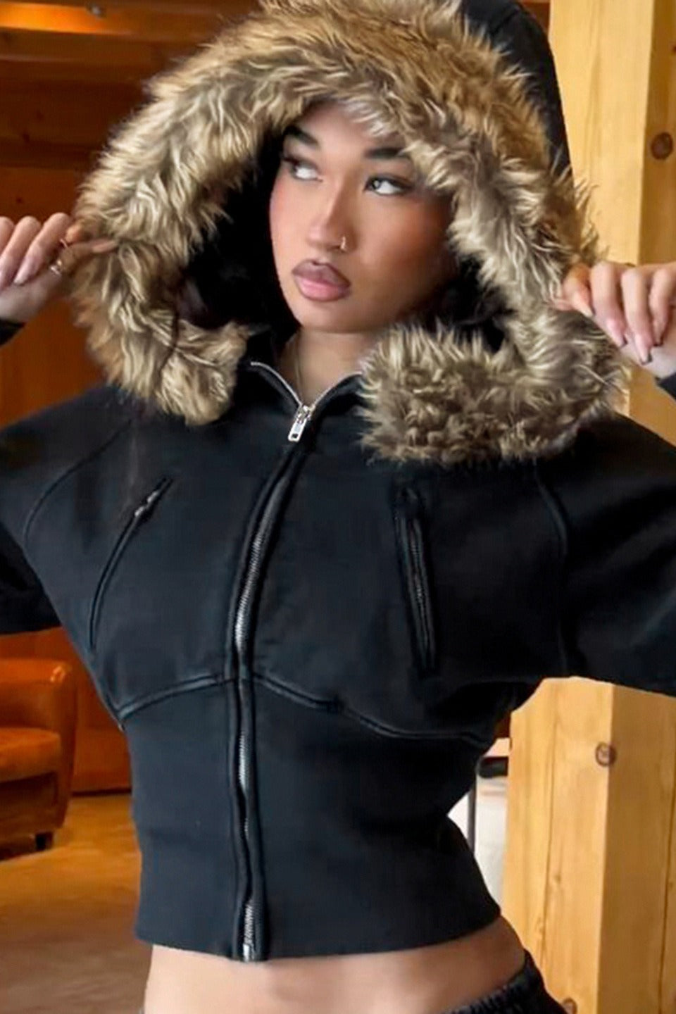 Street Style Fur Trim Sweatshirt Jacket image 1
