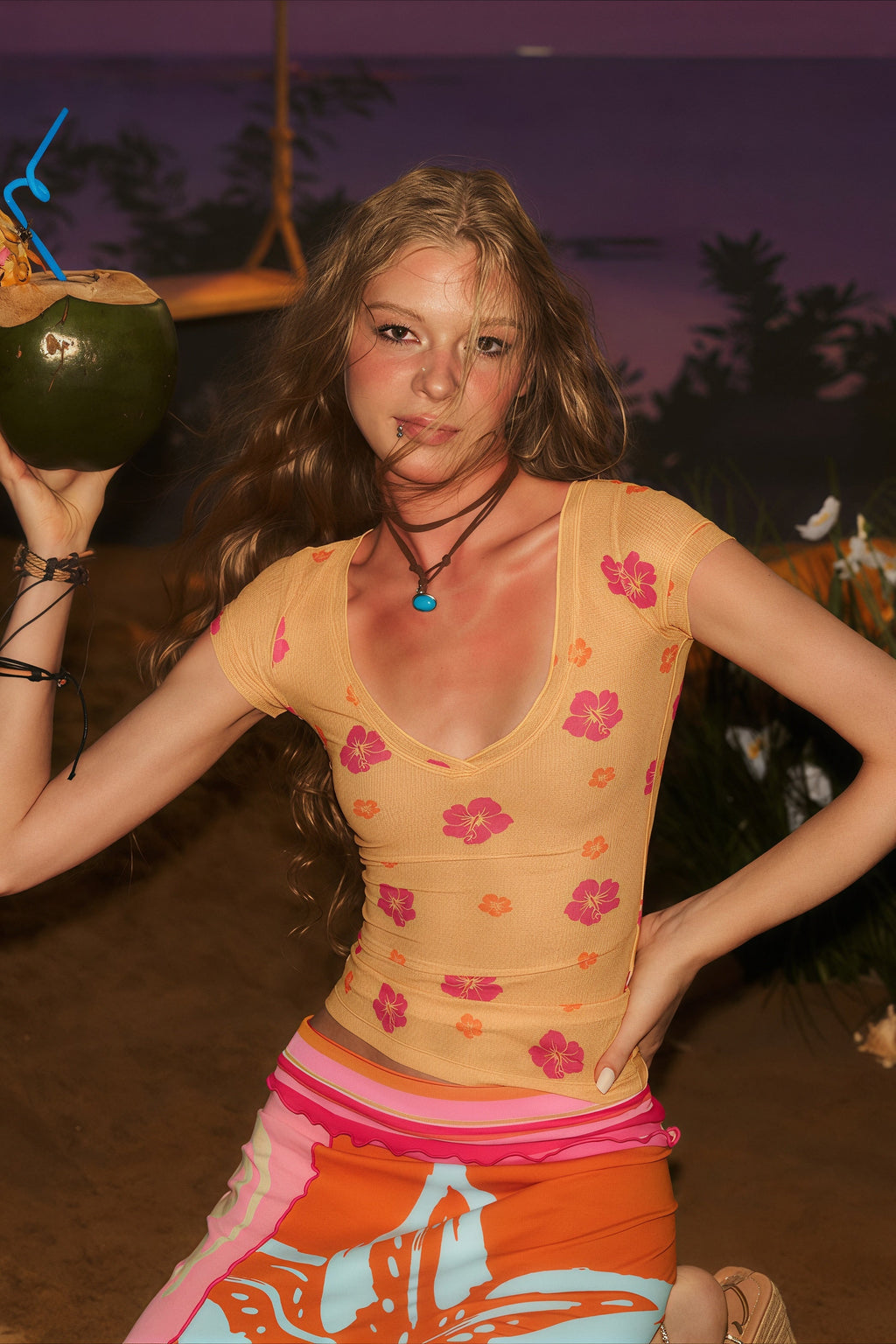 Floral Sheer Elastic Cropped Slim T-shirt image 4
