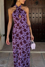 Backless Halter Print Slit Maxi Dress image 2