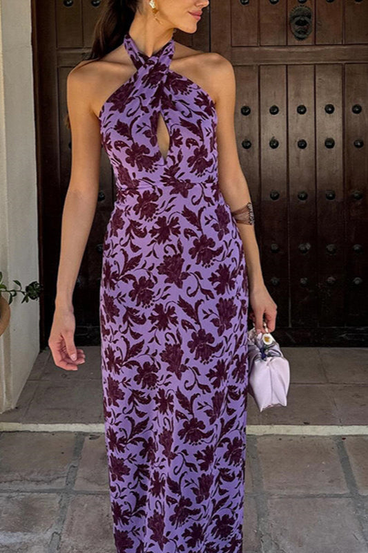 Backless Halter Print Slit Maxi Dress image 2