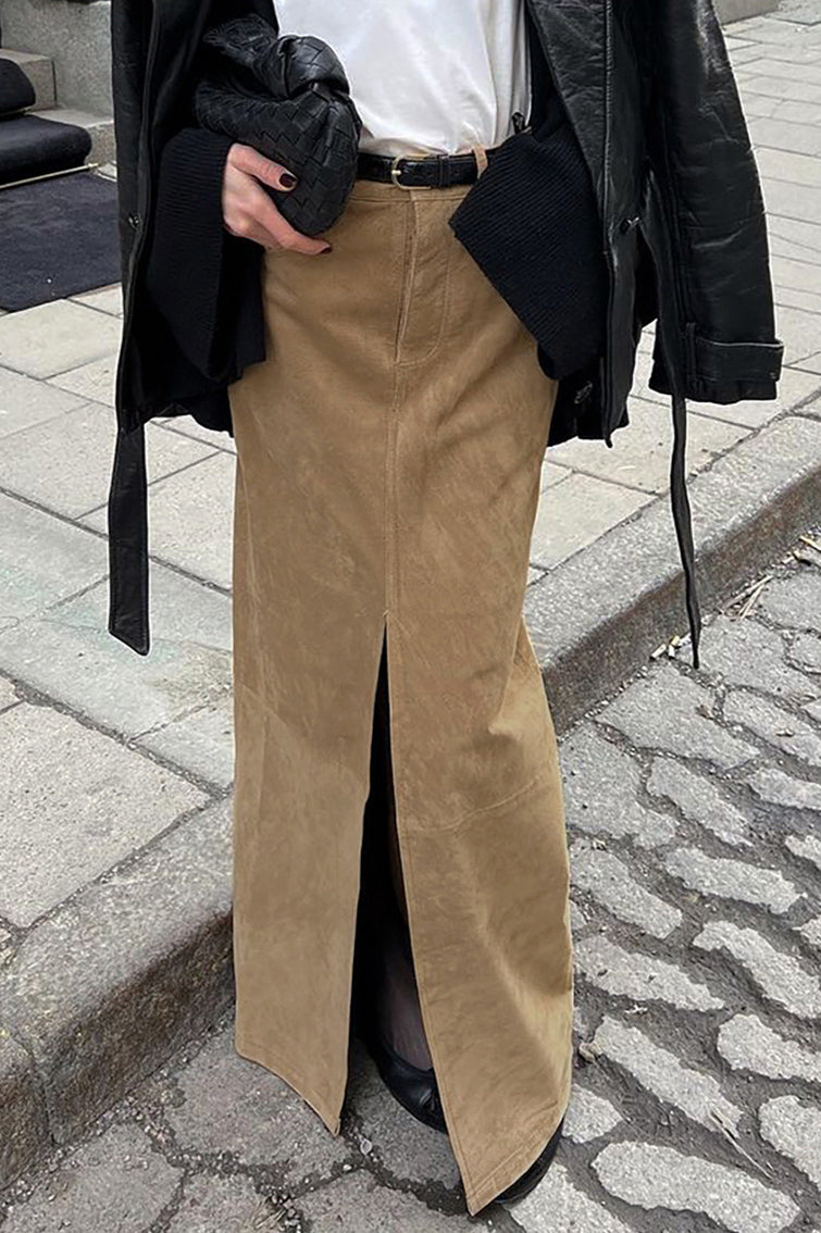 Vintage Suede Brown High Waist Split Midi Skirt image 2