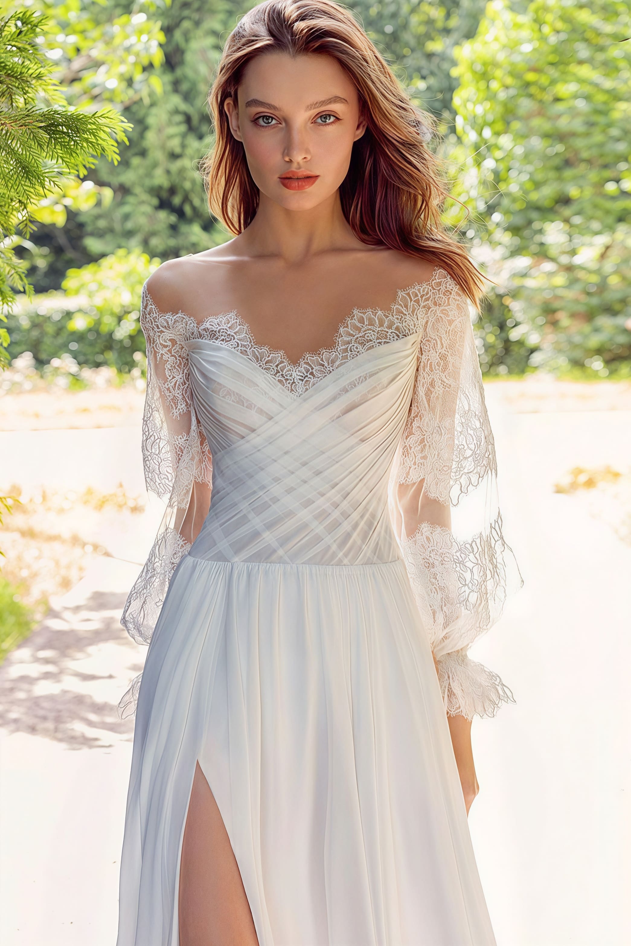 Lace Flowy High Slit Minimalist Reception Dress image 4