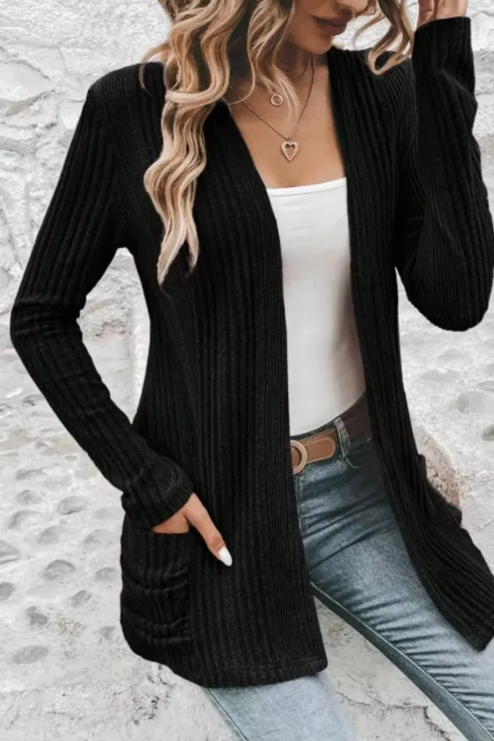 Estelle Pocket Cardigan detail view styled for Avrienne