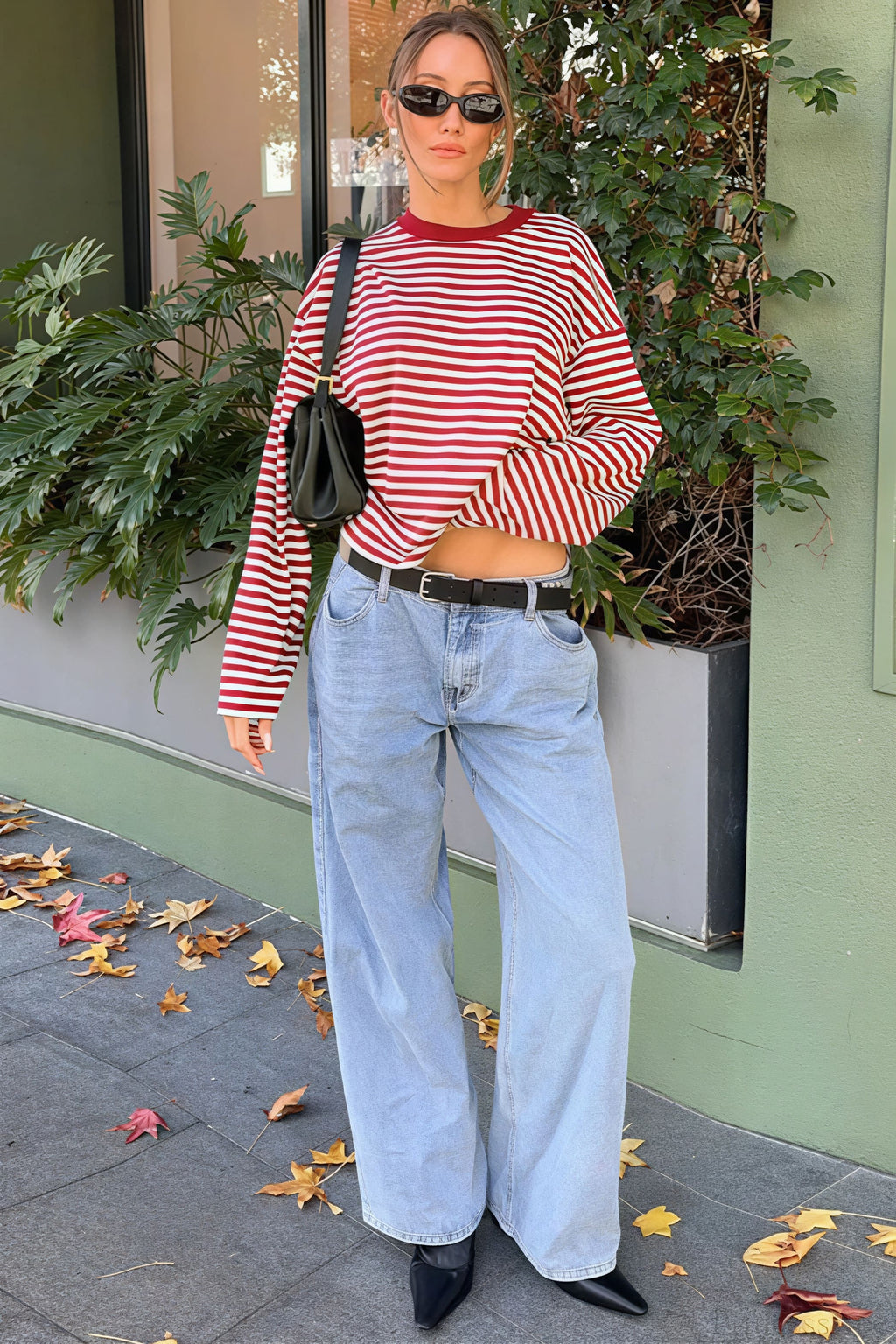 Striped Color Block Crew Neck Loose Long Sleeve Tee image 6