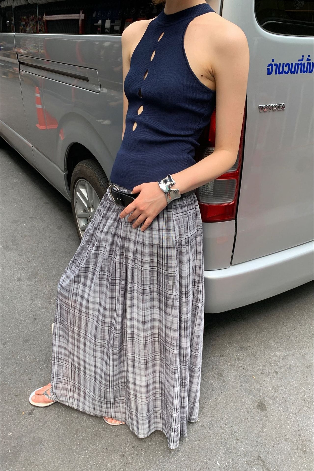 High-Waisted A-Line Mesh Plaid Maxi Skirt image 2