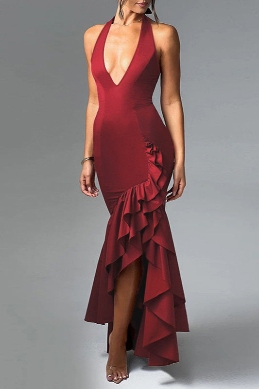 Halter Deep V Ruffled Bodycon Party Dress image 5