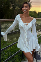 Fresh Plunging Neckline Bell Sleeve Ruffle Lace-up Mini Dress image 3