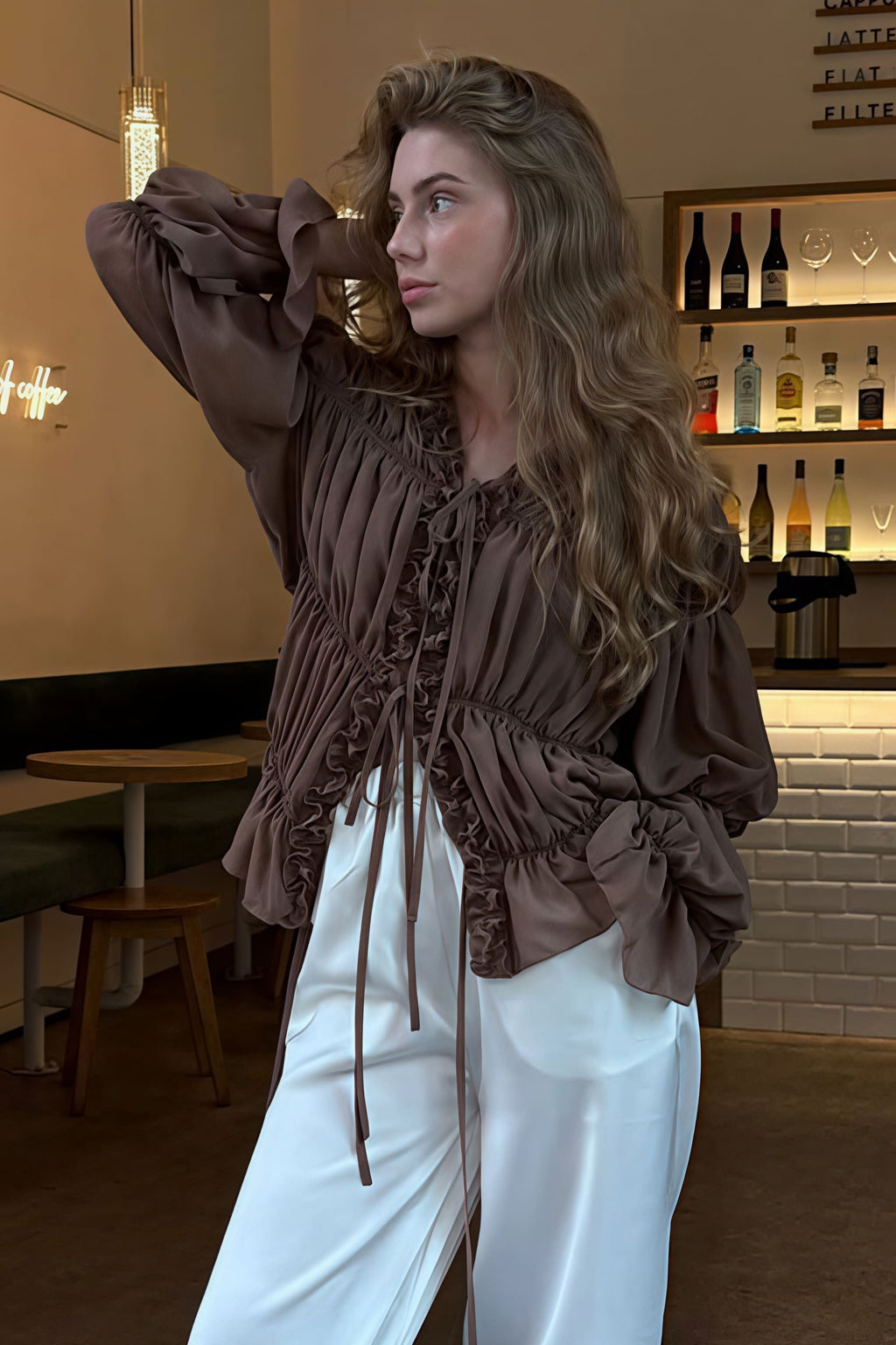 Solid Ruched Ruffle Tie Blouse image 6