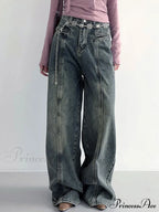 Center Stripe Wide Trendy Leg Jeans Without Belt image 1