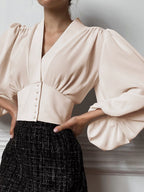 Vintage Lantern Sleeve V-Neck Slim Fit Blouse image 6