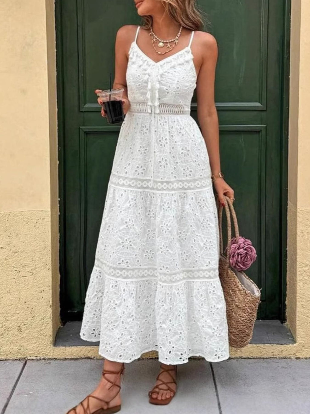 Carina Eyelet Dress detail view styled for Avrienne