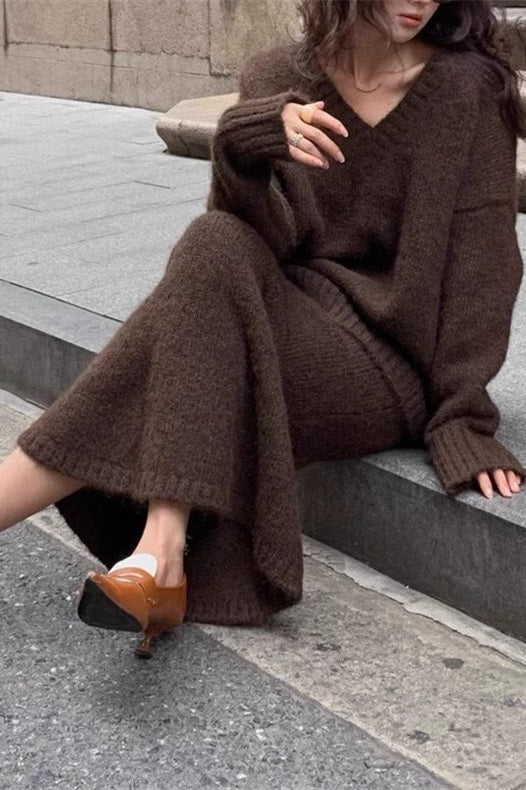 Lazy V-neck Knit Sweater Mermaid Skirt Two Piece Set image 4