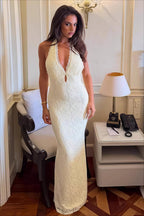 Lace Halter Tie Back Bodycon Maxi Dress image 1