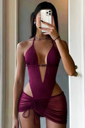 Sexy Wine Red Lace Up Beaded Backless One Piece Swimwear image 1