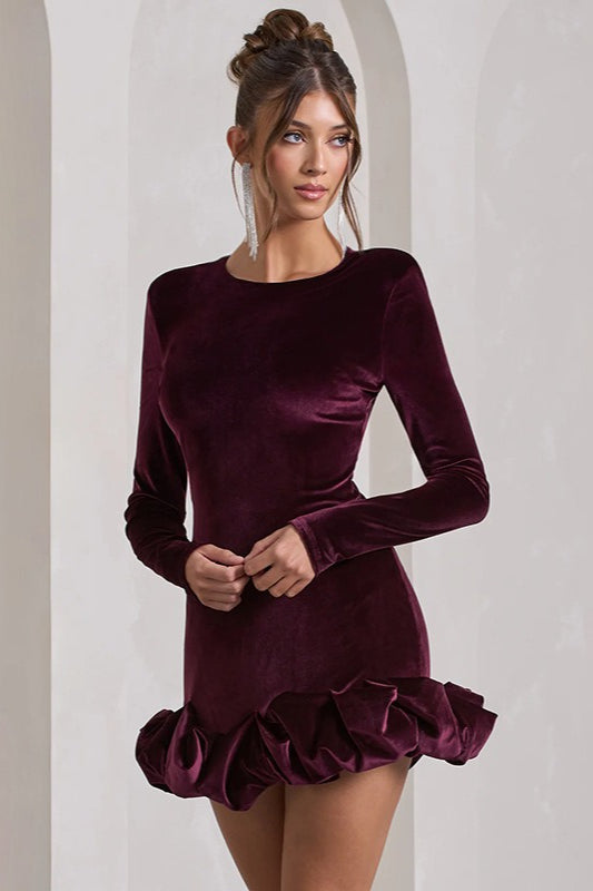 Luxe Velvet Crew Neck Pleated Long Sleeve Mini Dress image 2