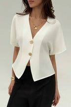Irregular Button Open Front Short Sleeve Blouse image 1