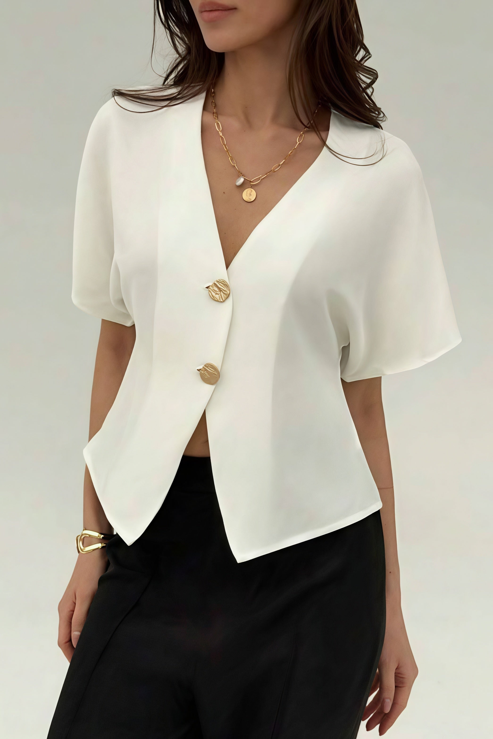 Irregular Button Open Front Short Sleeve Blouse image 1