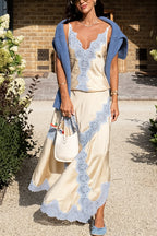 Satin Lace Splice Cami Casual Skirt Set image 2