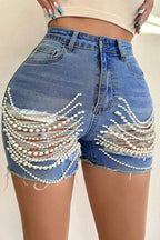 Beaded Chain Ripped High Waist Denim Shorts image 1
