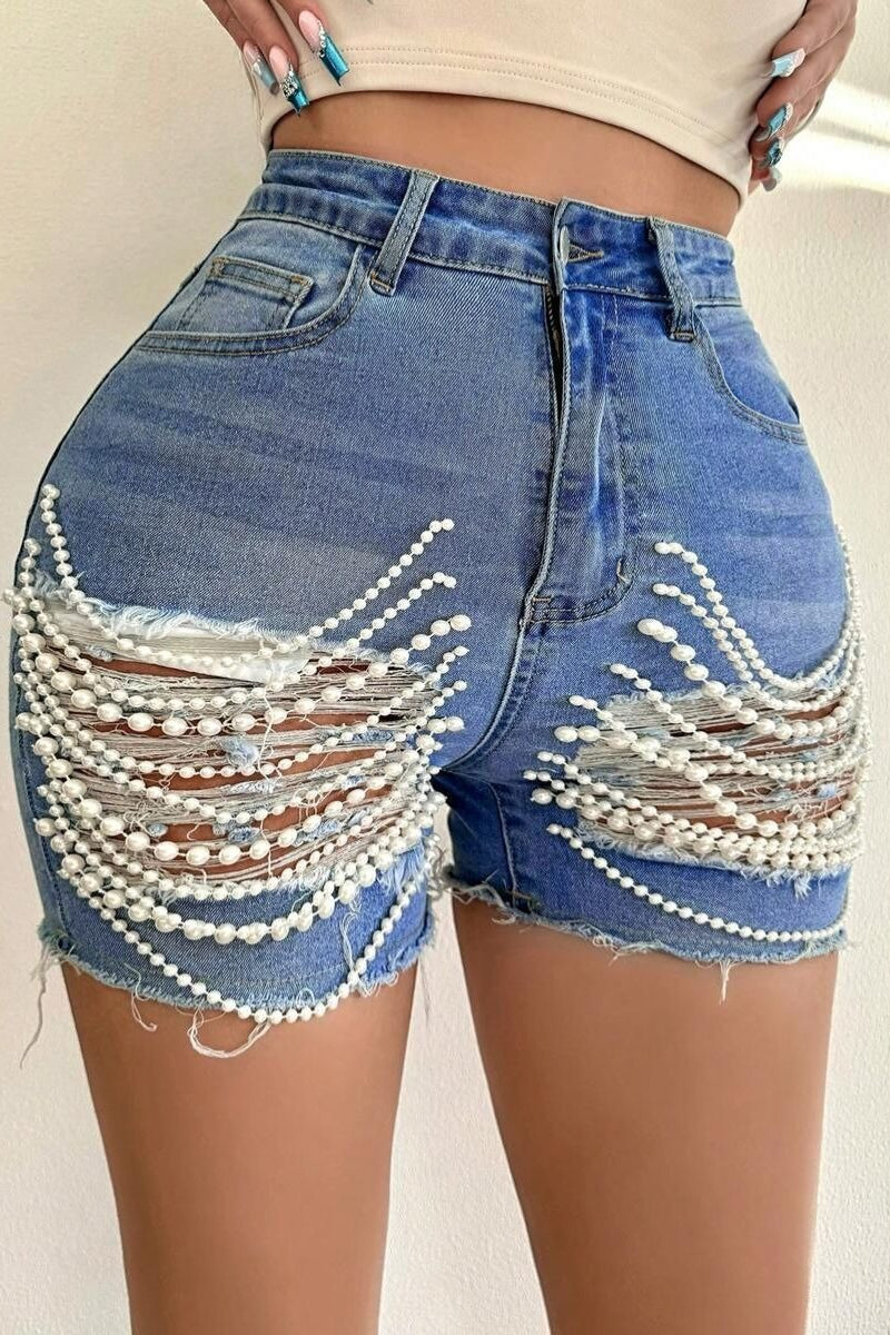 Beaded Chain Ripped High Waist Denim Shorts image 1