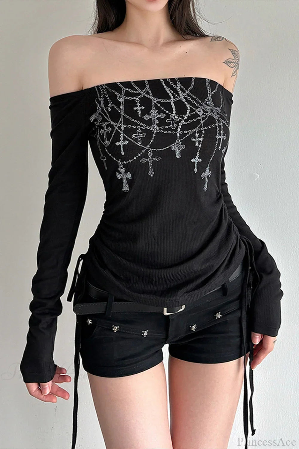Chain Print Off-Shoulder Long Sleeve Tee image 1