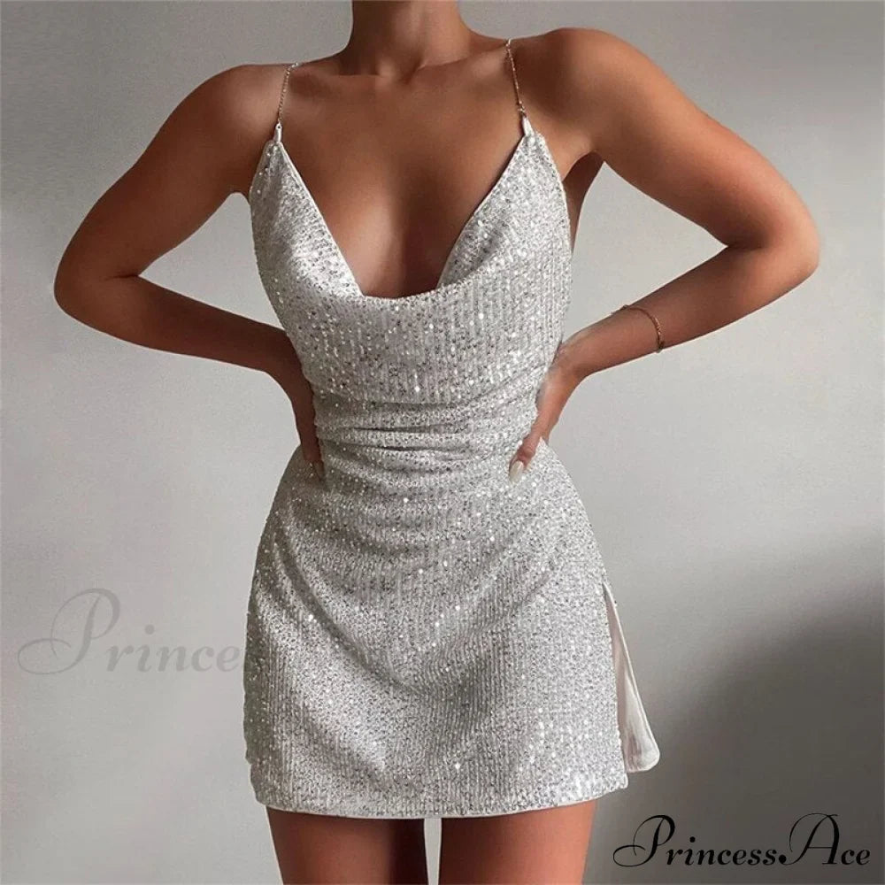 Chain Strap Sequin Sleeveless V Neck Backless Split A Line Dress image 4