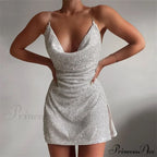 Chain Strap Sequin Sleeveless V Neck Backless Split A Line Dress image 4