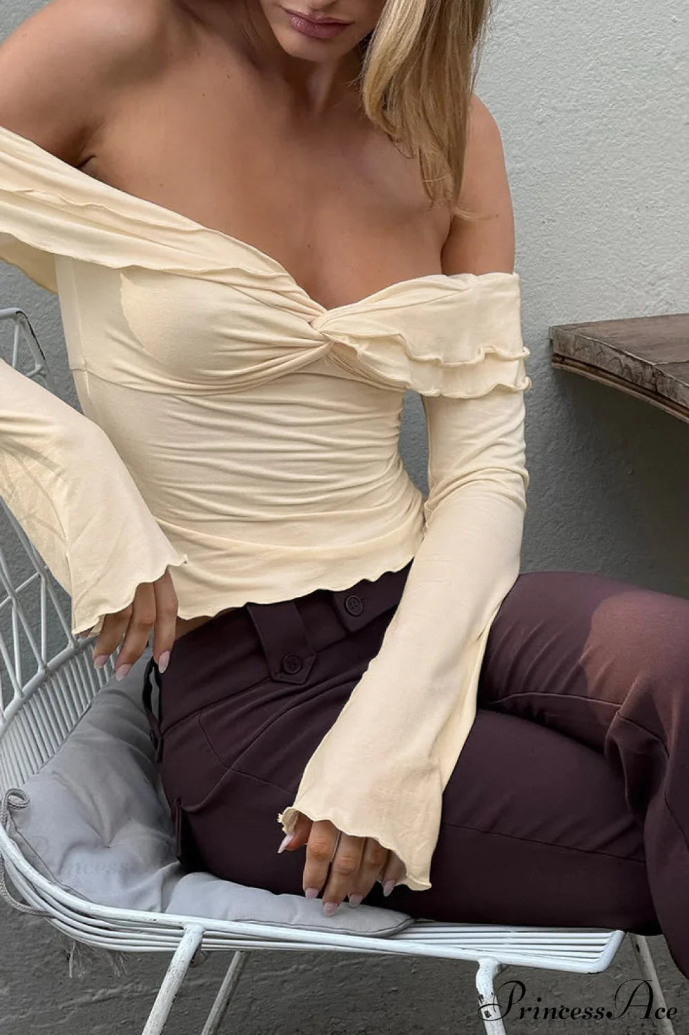 Champagne Ruffled Off Shoulder Modal Long Sleeve Tee image 2