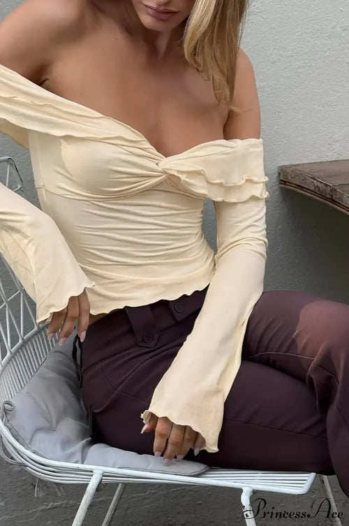 Champagne Ruffled Off Shoulder Modal Long Sleeve Tee image 2