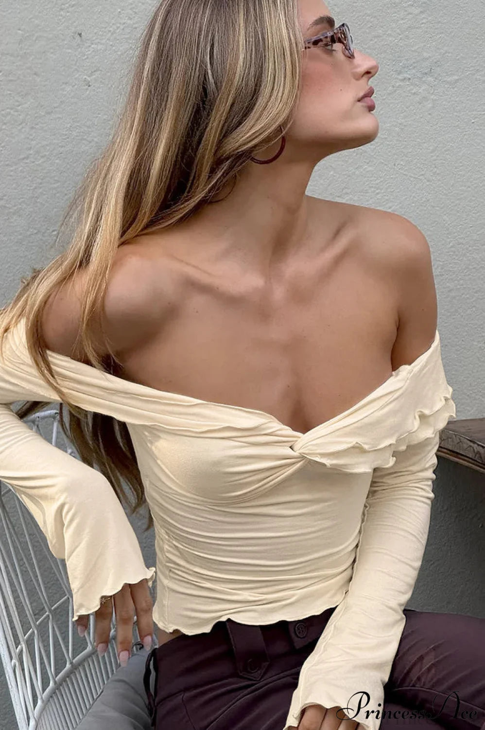 Champagne Ruffled Off Shoulder Modal Long Sleeve Tee image 3
